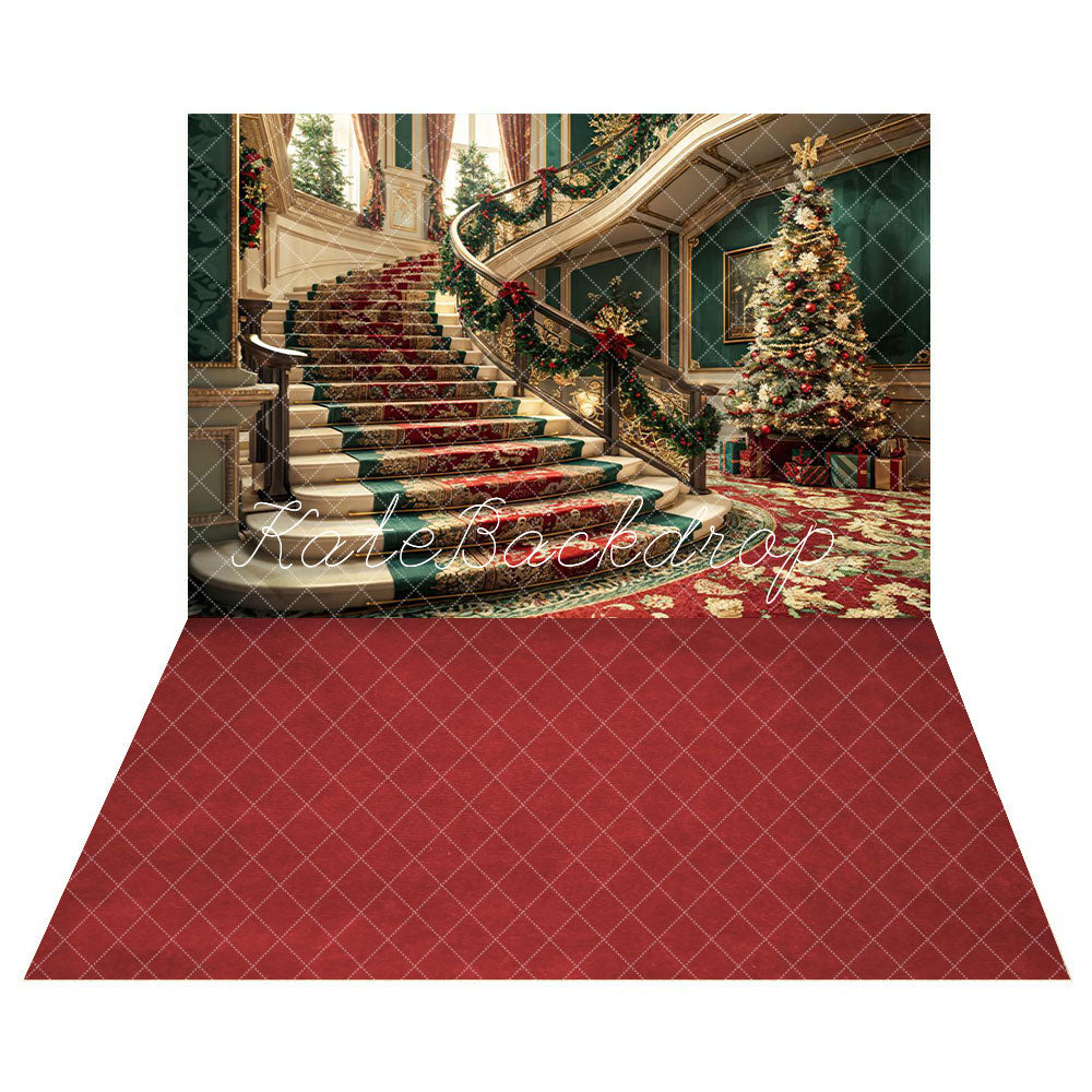Kate Christmas Colorful Retro Floral Staircase Dark Green Wall Backdrop+Dark Red Blanket Floor Backdrop