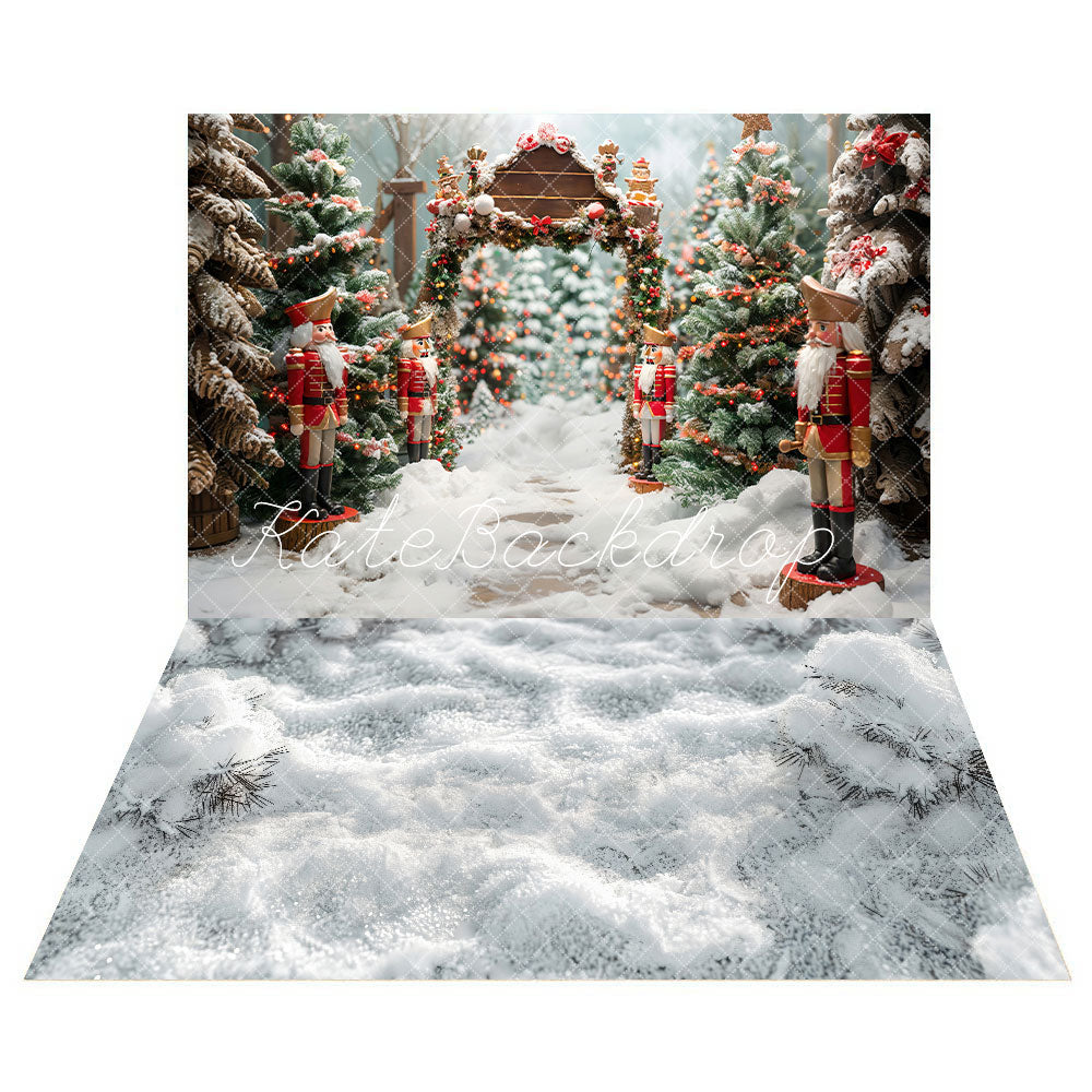 Kate Winter Outdoor Forest White Snow Nutcracker Backdrop+Forest White Snowland Floor Backdrop