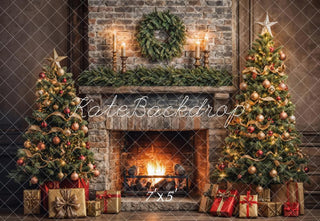 Kate Christmas Indoor Retro Broken Brick Fireplace Wall Printed Backdrop Designed by Emetselch