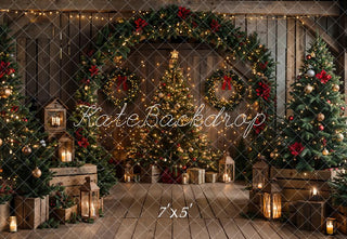 Kate Christmas Night Dark Brown Wooden Arched Barn Door Printed Backdrop Designed by Chain Photography