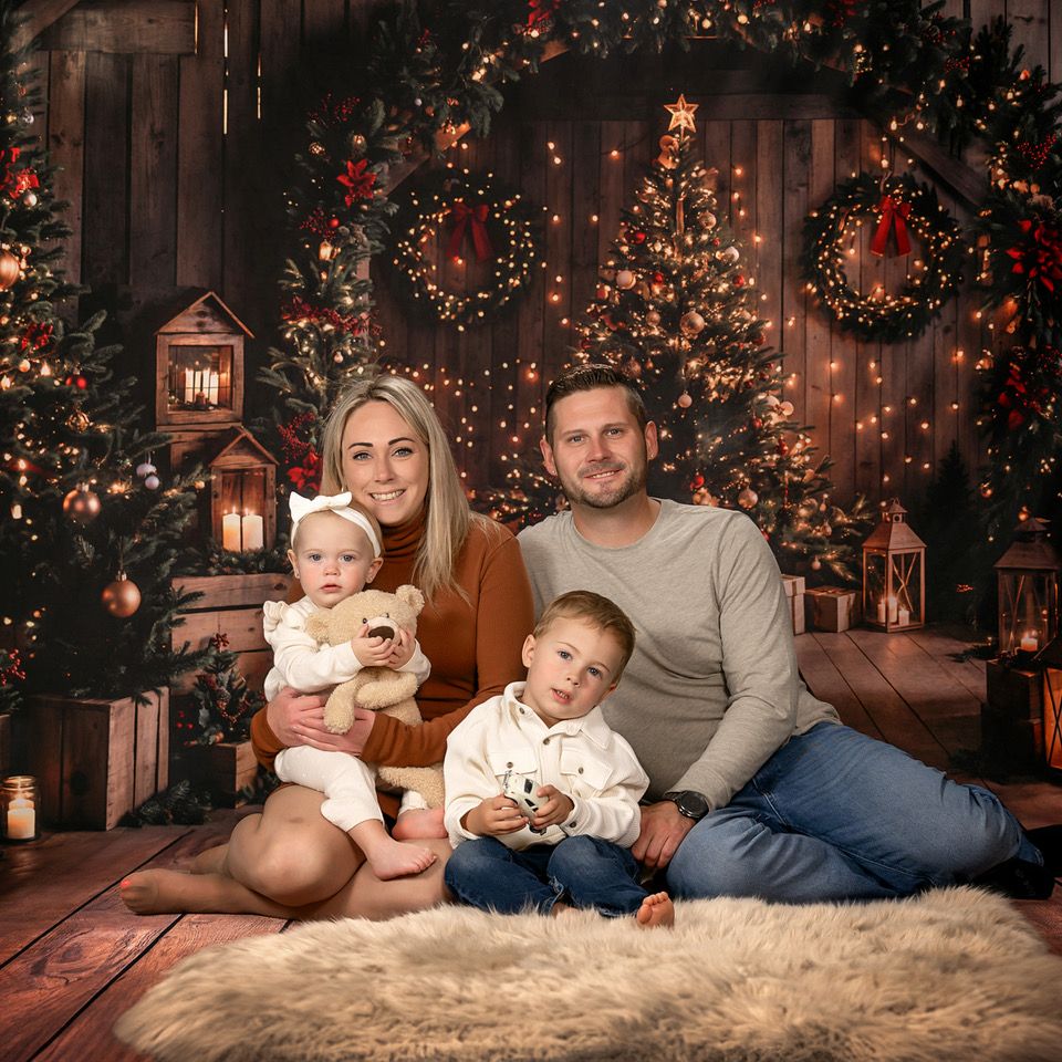 Kate Christmas Night Dark Brown Wooden Arched Barn Door Printed Backdrop Designed by Chain Photography