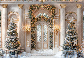 Kate Winter Christmas Tree Palace Arch Door Vintage Wall Printed Backdrop Designed by Chain Photography