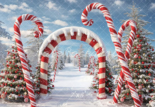 Kate Winter Christmas Outdoor Forest Snow Candy Arch Printed Backdrop Designed by Chain Photography