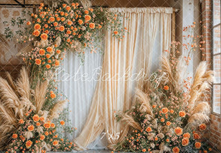 Kate Boho Fine Art Orange Flower Beige and White Curtain Wall Printed Backdrop Designed by Emetselch