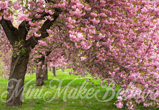 Kate Summer Outdoor Pink Cherry Blossom Tree Green Meadow Printed Backdrop Designed by Mini MakeBelieve