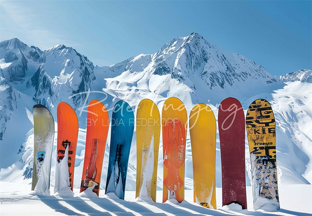 Kate Winter Outdoor White Snow Mountain Colorful Snowboard Backdrop Designed by Lidia Redekopp