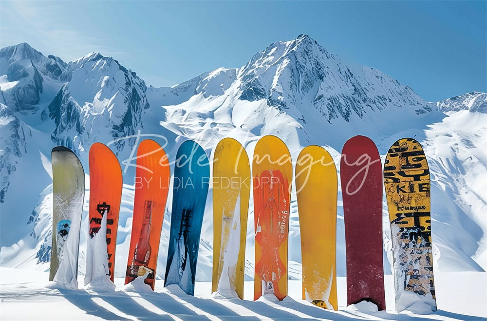 Kate Winter Outdoor White Snow Mountain Colorful Snowboard Backdrop Designed by Lidia Redekopp