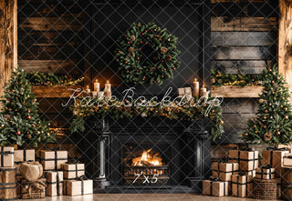 Kate Christmas Black Modern Fireplace Brown Wooden Striped Wall Printed Backdrop Designed by Emetselch