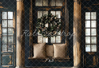 Kate Christmas Black Retro Shabby Wooden Framed Window Printed Backdrop Designed by Emetselch
