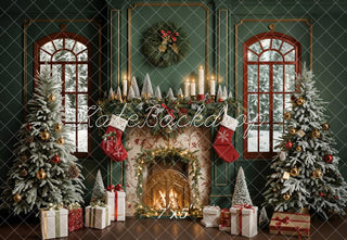 Retro Floral Beige Fireplace Arched Window Dark Green Wall Backdrop Diseñado por Emetselch