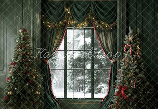 Kate Christmas Dark Green Curtain Framed Window Retro Wall Printed Backdrop Designed by Emetselch