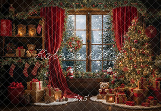 Kate Pet Winter Christmas Teddy Bear Red Curtain Framed Window Printed Backdrop Designed by Emetselch