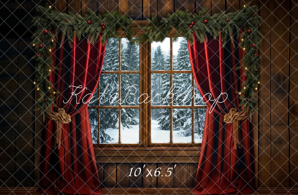 Kate Christmas Red Curtain Dark Brown Framed Window Backdrop Designed by Emetselch