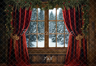 Kate Christmas Red Curtain Dark Brown Framed Window Printed Backdrop Designed by Emetselch