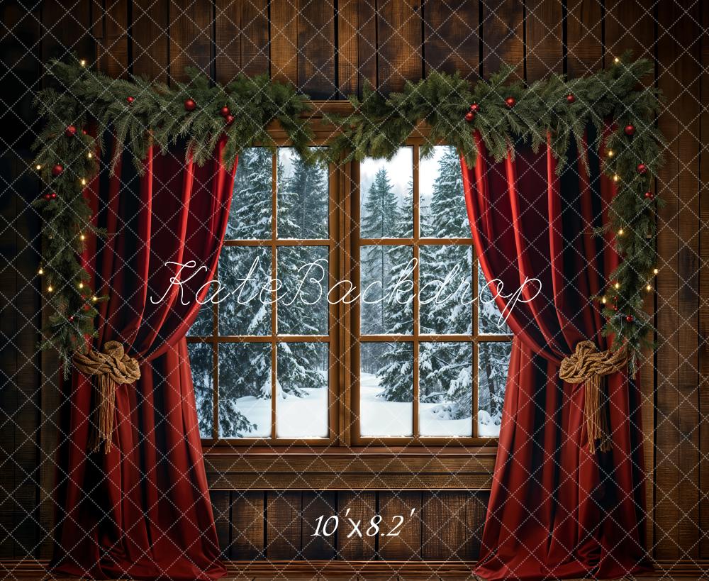 Kate Christmas Red Curtain Dark Brown Framed Window Backdrop Designed by Emetselch
