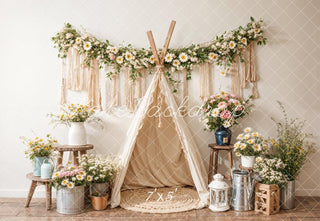 Kate Boho Birthday Cake Smash Colorful Flower White Tent Printed Backdrop Designed by Emetselch
