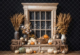 Kate Autumn Pumpkin Cotton Brown Wooden Window Black Wall Printed Backdrop Designed by Emetselch