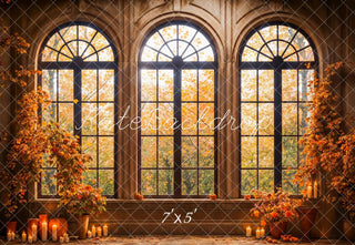 Kate Fall Forest Maple Leaves Black Arched Window Printed Backdrop Designed by Emetselch