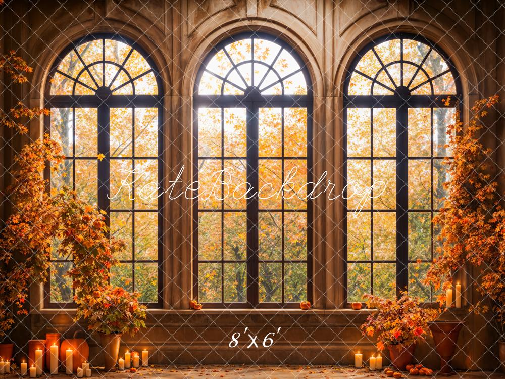 Kate Fall Forest Maple Leaves Black Arched Window Backdrop Designed by Emetselch