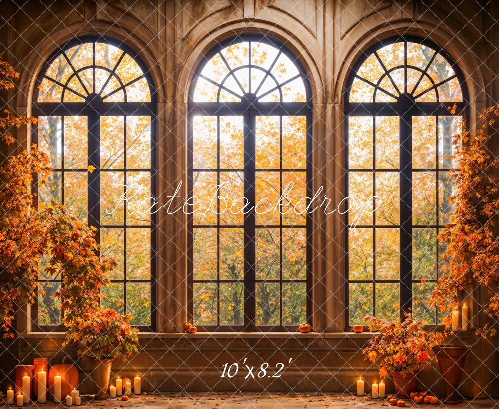 Kate Fall Forest Maple Leaves Black Arched Window Backdrop Designed by Emetselch