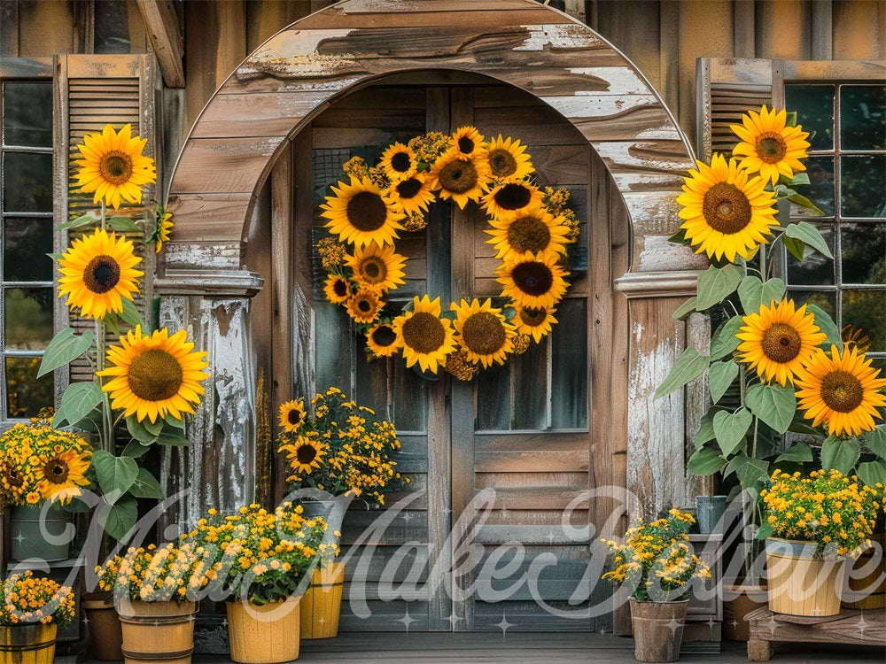 Kate Autumn Yellow Sunflower Brown Arched Porch Backdrop Designed by Mini MakeBelieve