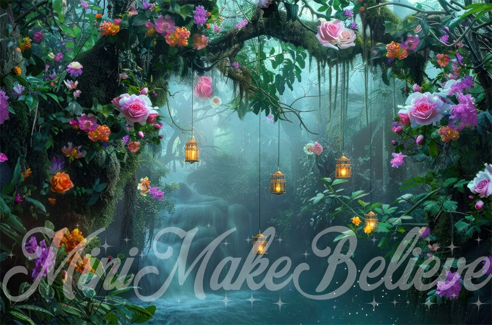 Dromerig Feeënland Bos Paarse Bloemen Waterval Foto Achtergrond Ontworpen door Mini MakeBelieve