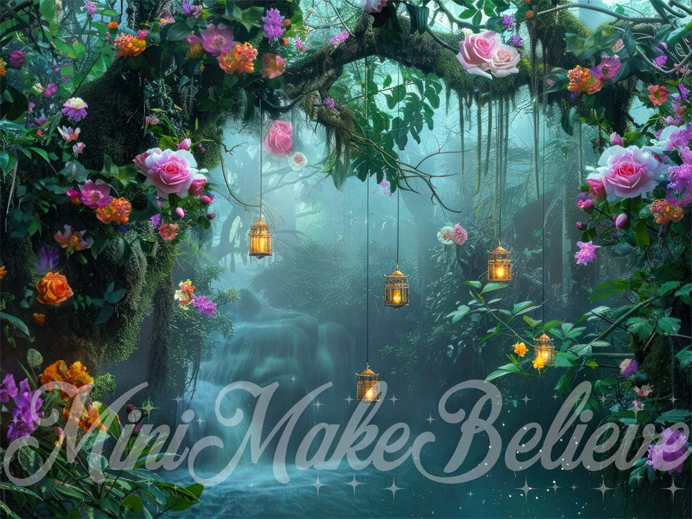 Dromerig Feeënland Bos Paarse Bloemen Waterval Foto Achtergrond Ontworpen door Mini MakeBelieve