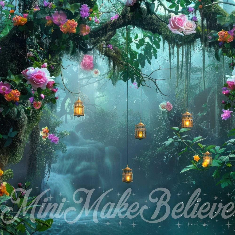 Dromerig Feeënland Bos Paarse Bloemen Waterval Foto Achtergrond Ontworpen door Mini MakeBelieve