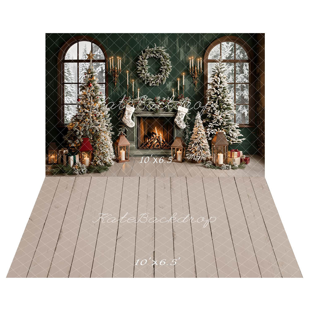 Kate Christmas Green Retro Fireplace Arched Window Backdrop+Beige Wooden Plank Floor Backdrop