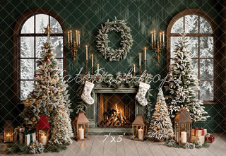 Kate Christmas Green Retro Fireplace Arched Window Printed Backdrop Designed by Emetselch
