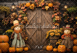 Kate Halloween Pumpkin Scarecrow Brown Barn Door Printed Backdrop Designed by Emetselch