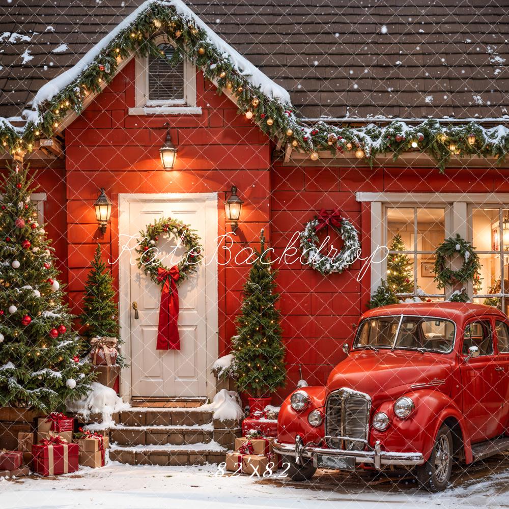 Fondo de Casa Roja y Coche de Navidad al Aire Libre Diseñado por Emetselch