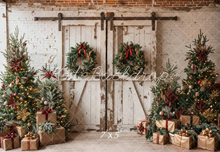 Kate Christmas Tree White Shabby Barn Door Printed Backdrop Designed by Emetselch