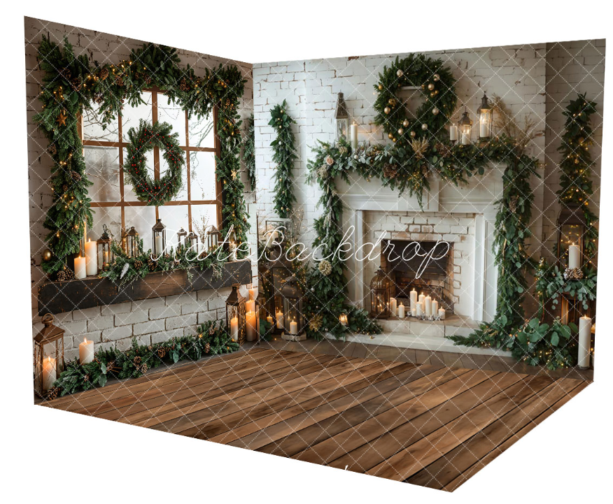 Fondo de chimenea interior blanca para Navidad en invierno diseñado por Emetselch