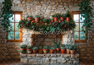 Kate Christmas Green Plant Stone Arched Fireplace Printed Backdrop Designed by Emetselch
