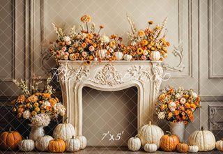 Kate Autumn Pumpkin White Retro Floral Fireplace Printed Backdrop Designed by Emetselch