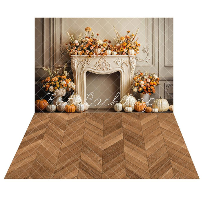 Kate Autumn Pumpkin White Retro Floral Fireplace Printed Backdrop+Brow
