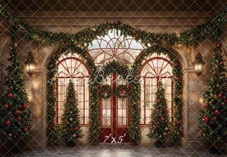 Kate Christmas Green Plant Red Arched Door Printed Backdrop Designed by Emetselch