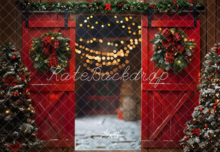 Kate Christmas Night Red Barn Door Printed Backdrop Designed by Emetselch