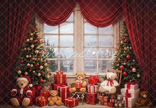 Kate Christmas Teddy Bear Red Curtain White Framed Window Printed Backdrop Designed by Emetselch