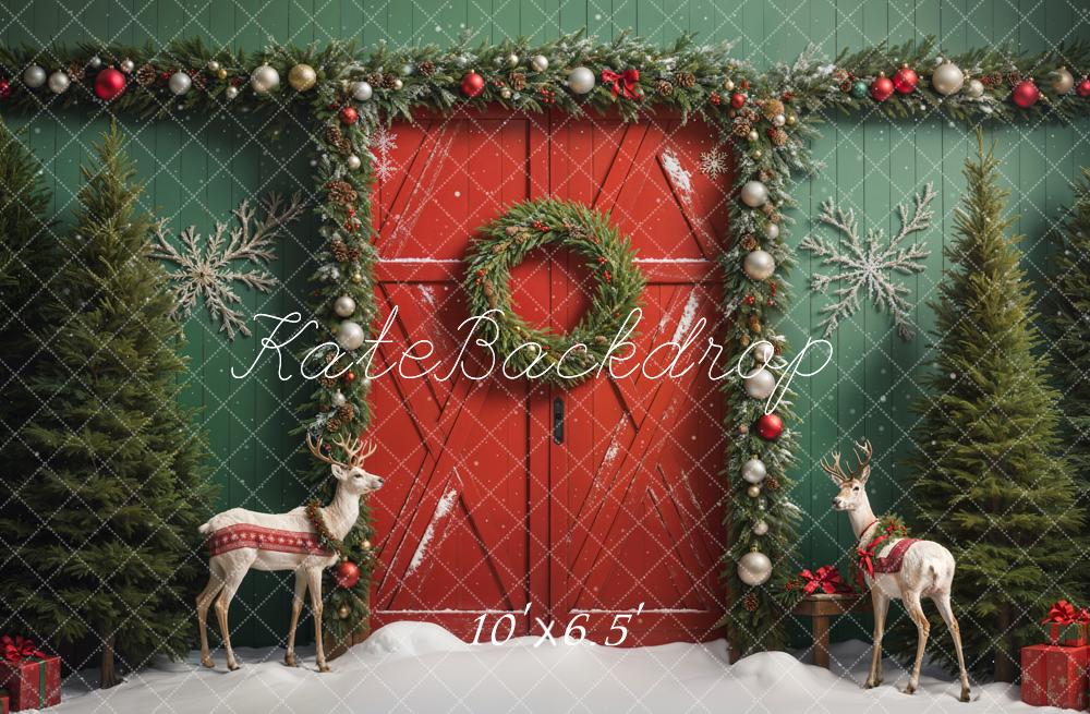 Kate Christmas Elk Red Barn Door Backdrop Designed by Emetselch