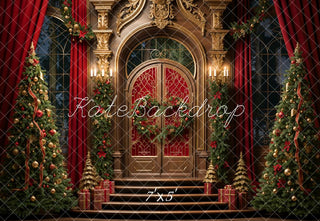 Kate Christmas Red Curtain Retro Golden Floral Arched Door Printed Backdrop Designed by Emetselch