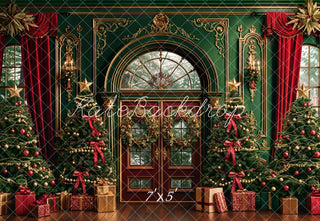 Kate Christmas Dark Green Vintage Floral Arched Window Printed Backdrop Designed by Emetselch