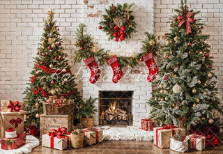 Kate Christmas White Brick Fireplace Printed Backdrop Designed by Emetselch