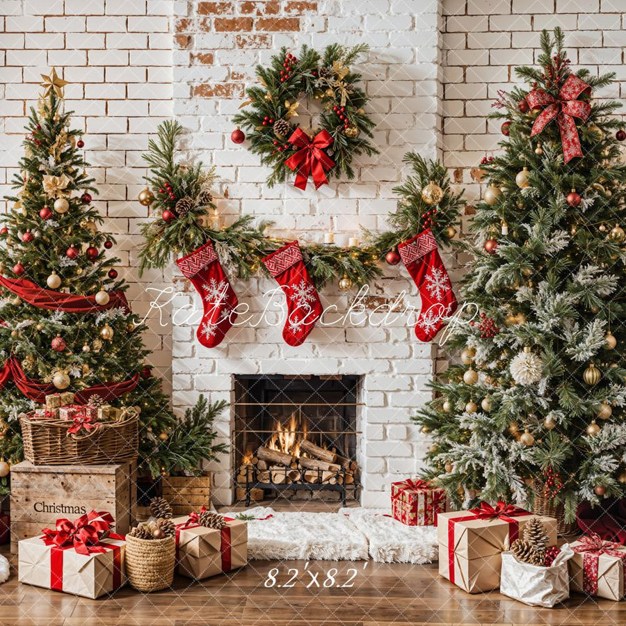 White Brick Wall Tree Fireplace Christmas Tablecloth main image 0