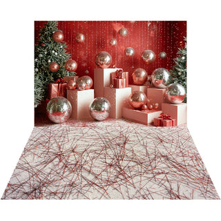 Kerst Retro Disco Zilveren Bal Rode Muur Foto Achtergrond Ontworpen door Mini MakeBelieve