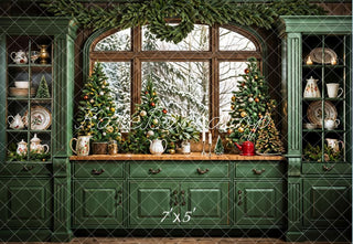 Kate Christmas Dark Green Retro Kitchen Printed Backdrop Designed by Emetselch