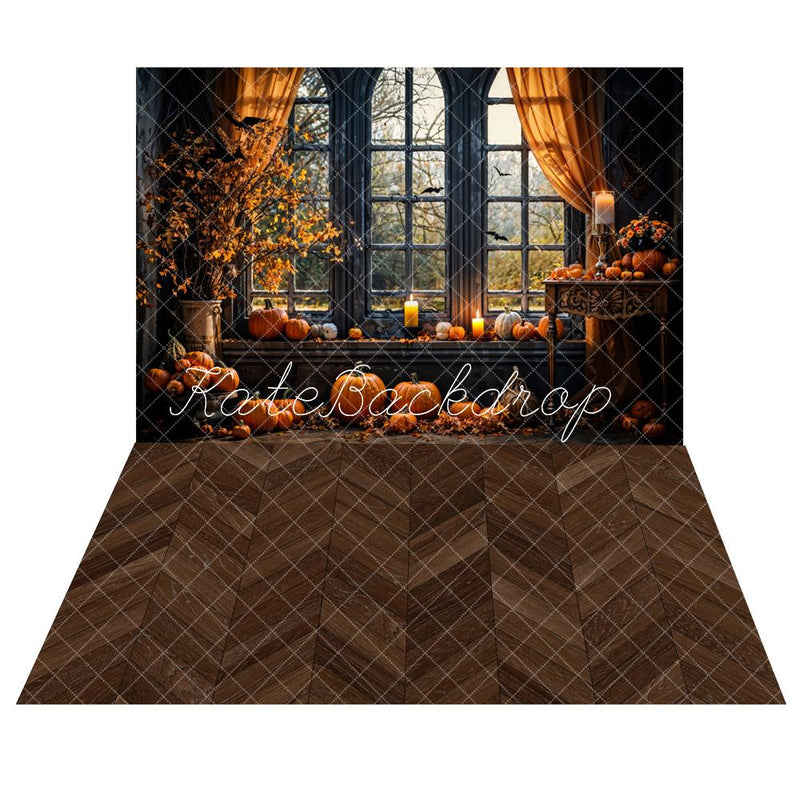 Kate Halloween Pumpkin Black Arched Window Backdrop+Kate Dark Brown He
