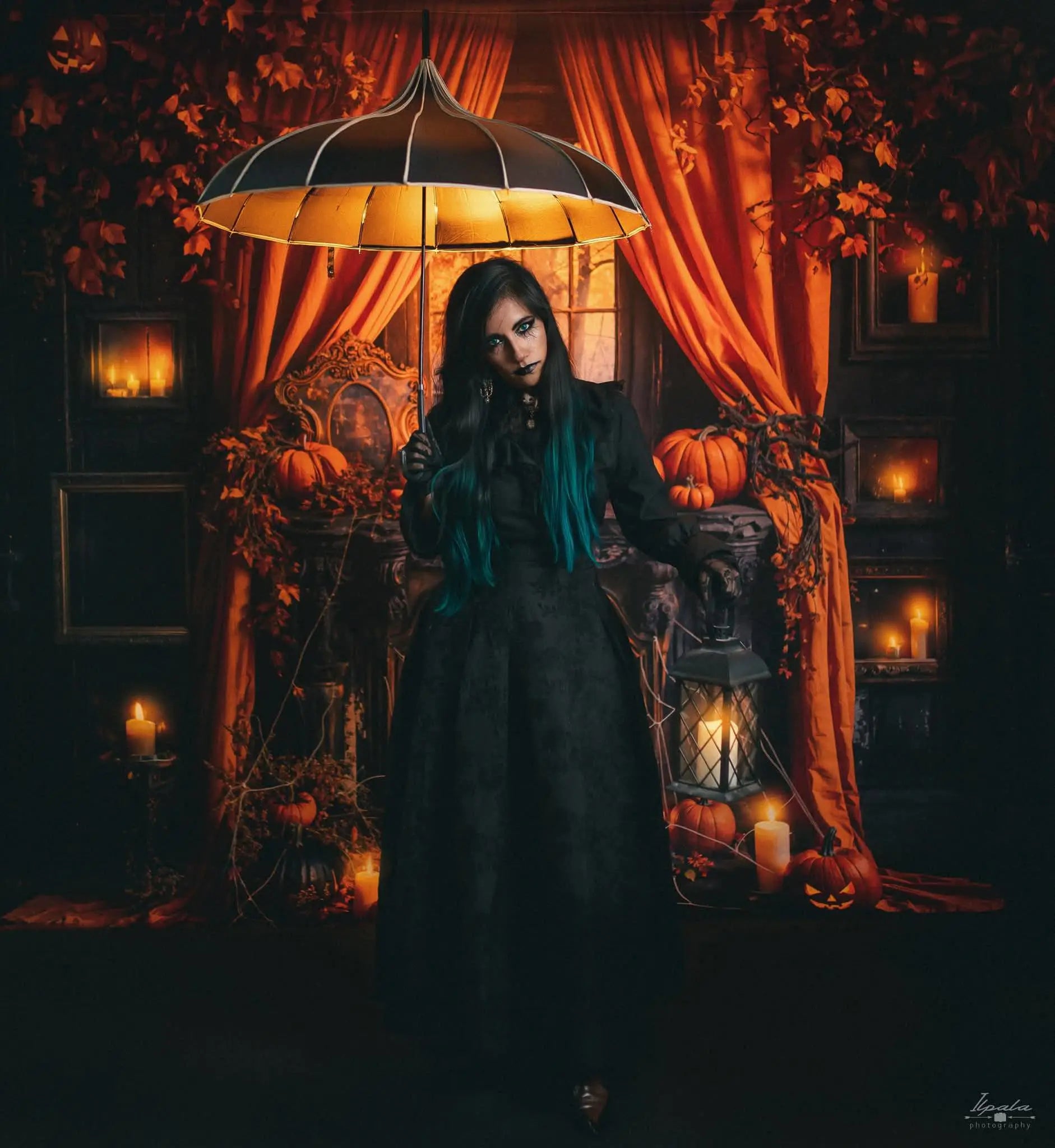 Kate Halloween Pumpkin Orange Curtain Black Fireplace Backdrop Designed by Emetselch