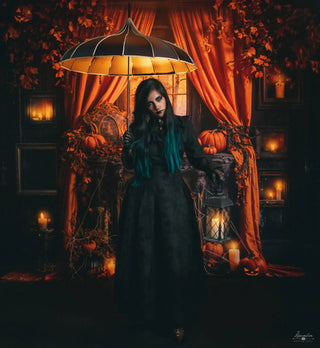 Kate Halloween Pumpkin Orange Curtain Black Fireplace Printed Backdrop Designed by Emetselch